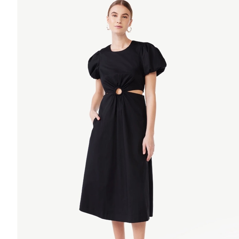 NWT Scoop Women's Cut Out Midi Dress with Puff Sleeves, Size Large Black